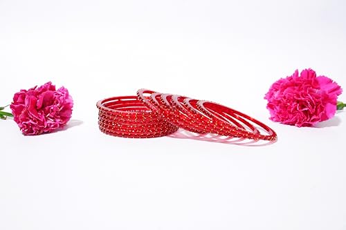 Image of Glass Bangles Set for Women | Raindrop Design Bangles with Crystal Embellishments | Traditional Indian Wedding & Glass Bangles for Women | Pack of 12 (Red)