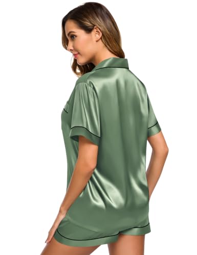 Image of SWOMOG Womens Silk Satin Pajamas Set Short Sleeve Sleepwear Button Down Top and Shorts Loungewear 2 Piece Pjs Set XS-3XL