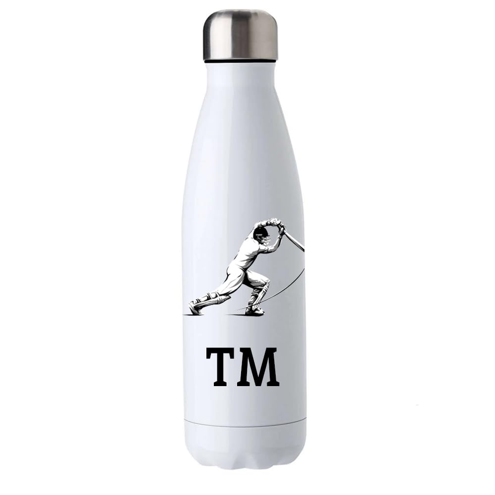Personalised Custom Water Bottle Insulated Stainless Steel Sports Drinks (White, Cricket Player)
