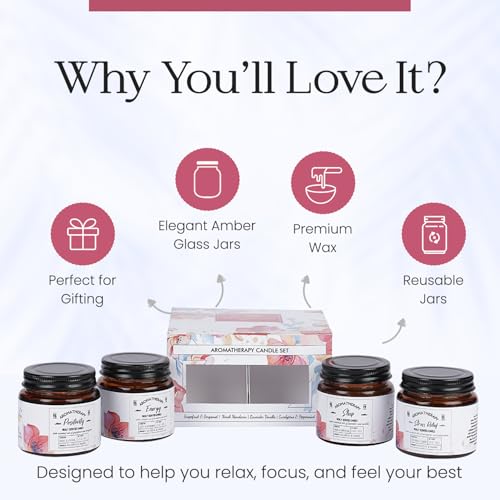 Image of D'Velas Set of 4 Aromatherapy Scented Candles in Amber Jars (60g Each) | Cozy Fragrances for Small Spaces | Clean-Burning Soy Wax | 15-Hour Burn Time | Ideal for Gifting & Home Decor