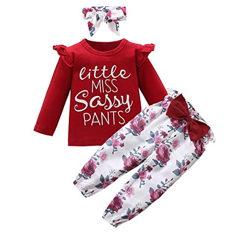 3Pcs Toddler Girl Clothes,Solid Color Long Sleeves Ruffle Top+ Floral Pant +Floral Headband Red-White