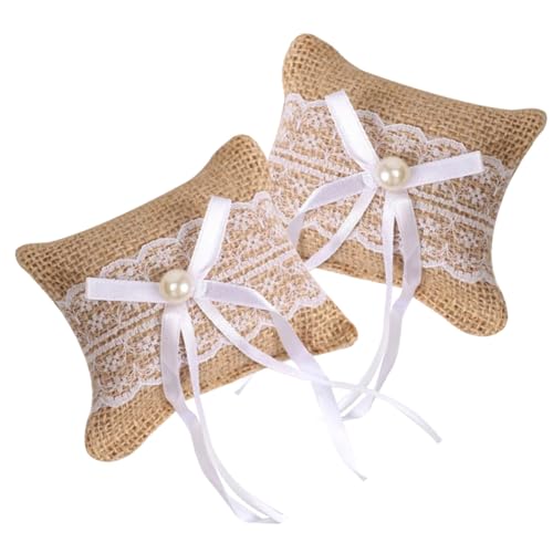 Gatuida Almohadas para Anillos de Boda 2 Piezas Cojín de Yute Encaje y Perlas Tamaño Pequeño para Porta Anillos en Ceremonias y Fiestas Nupciales