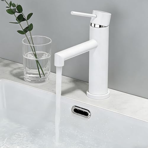 ONECE Robinet Lavabo Blanc pour Salle de Bains, Mitigeur de Lavabo Design Moderne, Robinet de Lavabo en Acier Inoxydable Résistant à l'usure, Mousseur...