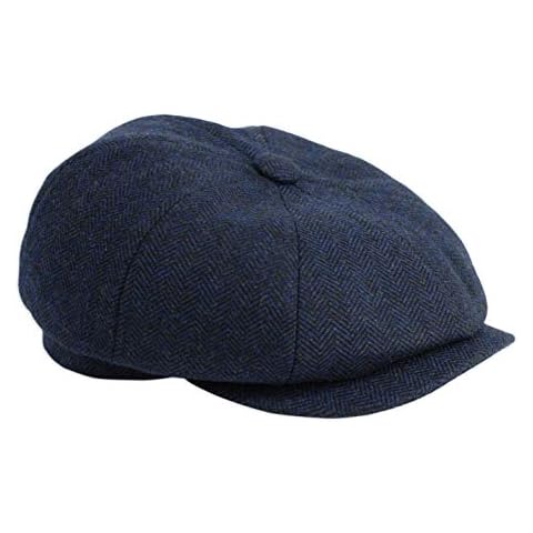 Gamble & Gunn Shelby' Flat Cap Navy Herringbone Vintage Style Baker Boy Cloth Hat Button Top- 59cm Cover