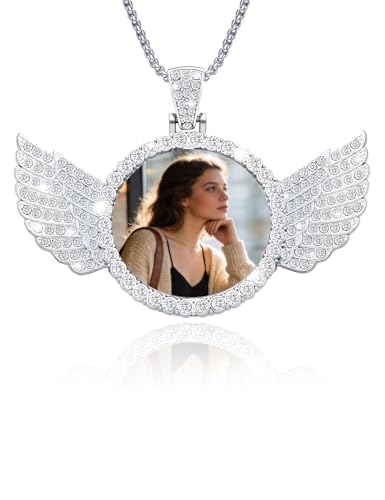 UHOT Custom Memorial Necklace with Picture - Personalized Circle Chain Angel Wings Customized Angel Wing Gifts for Men Family Memory Necklaces (silver)