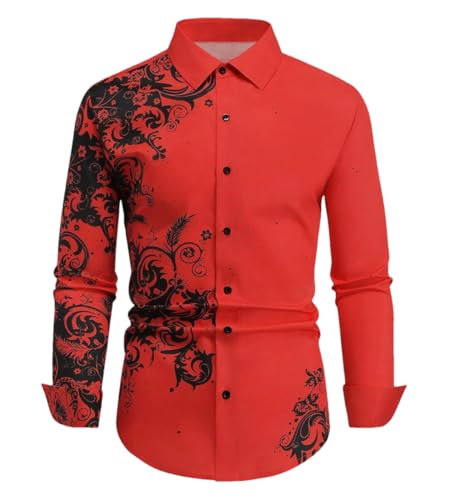 Men's 3D Floral Printed Shirt Casual Business Shirt Wrinkle Free Button Down Long Sleeve Shirts
