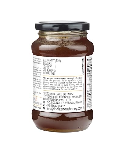 Image of INDIGENOUS HONEY Fennel Saunf Honey Raw Organic Natural Pure Unprocessed NMR Tested Unpasteurized Unheated 530g Glass Jar Pack of 1 | Natural Sweetener No Added Sugar Unfiltered Unprocessed Honey Pack of 1