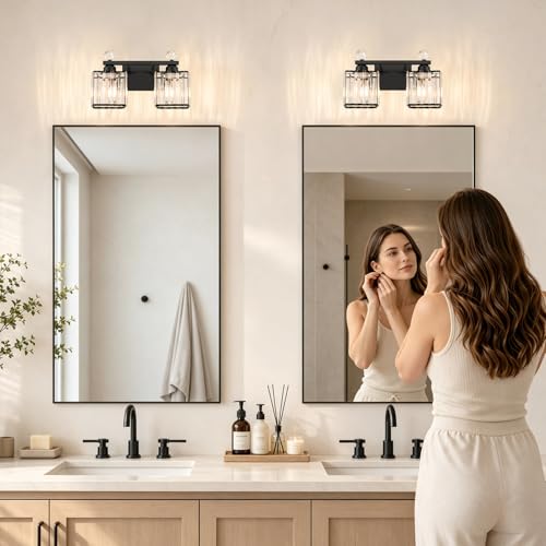 Image of Lxybcce Modern 14In 2-Lights Bathroom Vanity Light, Crystal Bathroom Light Fixtures, Black Vanity Light Fixtures Over Mirror, Easy Installation & Shadow-Free Illumination for Bathroom Mirror Decor