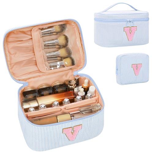 MONSTINA Personalized Initial Makeup Bag for Women Teen Girls, Blue V
