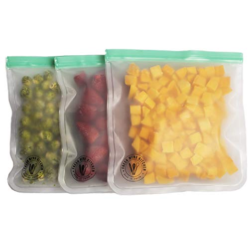 3 Reusable Freezer Bags Gallon Size by Fresh Menu Kitchen- Extra Thick and Large Reusable Food Storage Bags with Airtight Seal Perfect for Soups Kitchen Storage and Freezer Meals