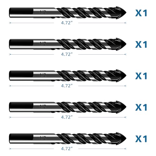 5-Piece 1/2“ Masonry Drill Bits for Tile Glass Ceramic Wall Brick Stone Soft-Metal Wood, 1/2 Inch Concrete Drill Bits Cement Drill Bit Set, 3-Flat Shank, YG8 Carbide Tungsten Steel Alloy Tip 12mm
