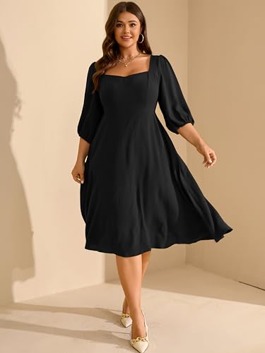 Image of RWJ Plus Size Dress for Women Fall 3 /4 Sleeve Sweetheart Neck Aline Casual Wedding Guest Formal Midi Dresses with Pockets
