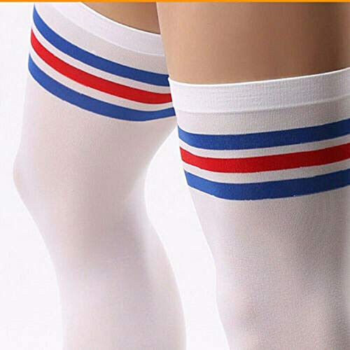 Wixine 2Pairs/4Pcs Red & Blue Stripes Men Soccer Thigh Stocks High Stockings Velvet Sport Striped Long Socks (Red & Blue)3