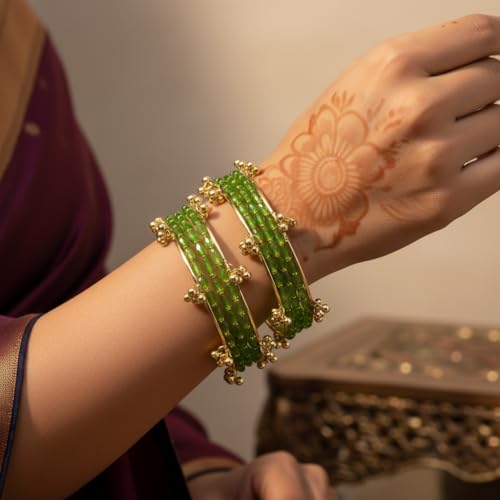 Image of Kashmiri Ghangharoo Glass Bangle Set for Women| Light Weight Bangles | Traditional Transparent Fancy Glass Chudi Set for Wedding, Party|Set Of 16(12 Glass + 4 ghungroo bangles)