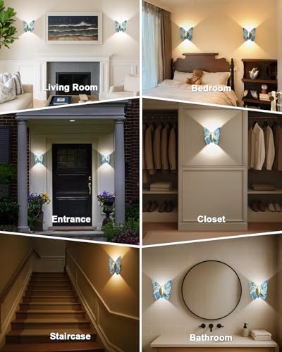 Image of Eneru Motion Sensor Wall Sconce Set of 2, Rechargeable Wall Lights, Indoor | 5000mAh Battery Operated Wall Sconces, Magnetic Butterfly Motion Night Light for Hallway Stair Closet Pantry, Blue & Gold