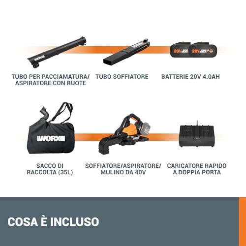 WORX WG583E Accu-bladblazer, 40 V, 3-in-1 multifunctioneel voor het samendrukken, opzuigen en mulchen, luchtsnelheid 335 km/u, luchtverplaatsing 575 m³/uur, inclusief 2 x 4 Ah accu's en oplader - Afbeelding 4
