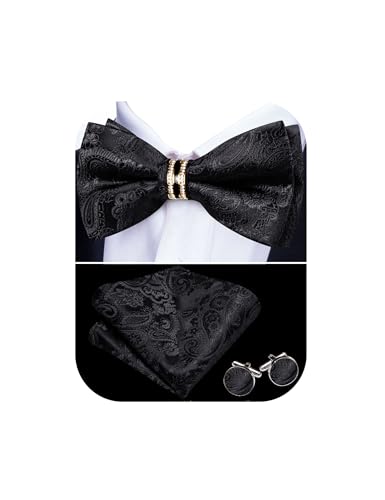 Image of YOHOWA Mens Bow Tie Set Paisley Pre-tied Bowties Adjustable with Handkerchief Cufflinks Gold Ring Set Wedding Prom Party