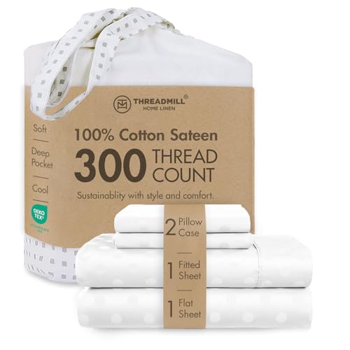 Image of Threadmill 300 Thread Count Cotton Queen Sheet Set, Sateen, Jacquard, White