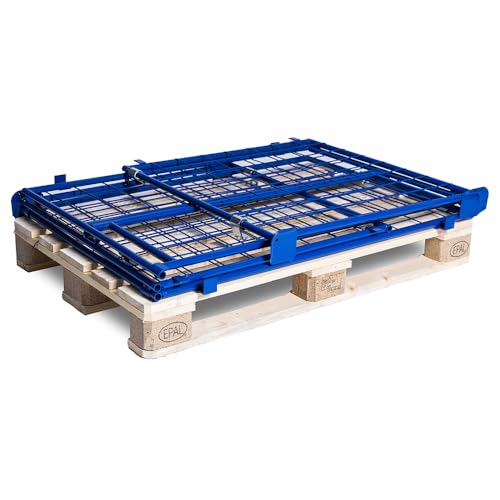 HHL Euro-Gitterbox mit klappe | Gitteraufsatzrahmen H1200 x B1200 x L800mm für aufbewahrung| Faltbarer Gitterrahmen für Euro-palette | Gitterbehälter aus Stahl | Gitterboxen für Holz, Lager | Blau