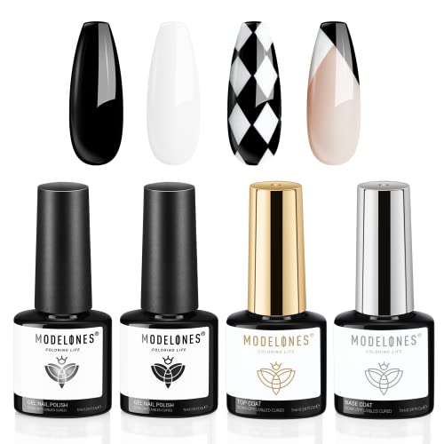 modelones Gel Nail Polish Kit, 2 Colors 7ml Black and White Gel Polish with Gel Base & Top Coat Kit, No Wipe High Gloss Shine Finish Basic Set for Nail Art Manicure Design