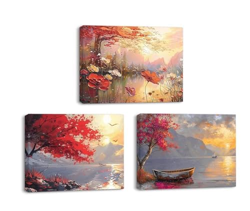 Tableau triptyque automne lac et arbre rouge | Déco murale 3 toiles 20x30 cm encadrées