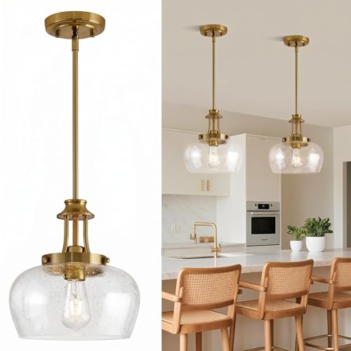 Image of Modern Pendant Lights Kitchen Island, Brushed Gold Pendant Light Fixtures with 10 inch Clear Air Bubble Glass Shade, Industrial Hanging Pendant Lights Fixture for Kitchen Island Dining Room Entryway
