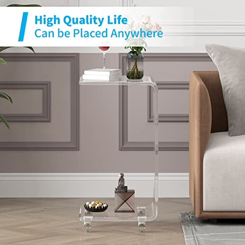 Mjkone Mobile Acrylic Side Table, C Shaped End Table With Storage, Coffee Table On Wheels, Clear Rolling Table #TOP2