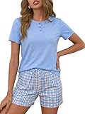 Litherday Pijama Mujer Corto Pijamas Mujer Verano de Algodon Conjunto de Pijama Camisetas de Cuadros y Pantalón Cortocon Bolsillos y cordón Suave y Cómodo