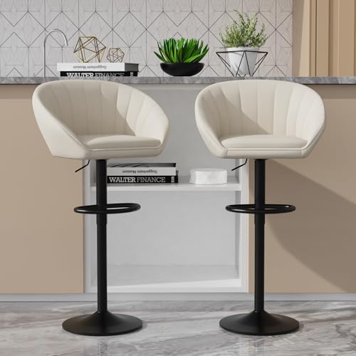 Juego de 2 Taburete de Bar, Taburetes Altos de Cocina Con Respaldo, Taburetes Altos Ajustable 89-102 cm, Silla de Cocina Tasburete Alto de Tela, Silla de Bar para Cocina Bar Comedor (beige)