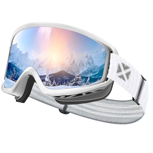MAXJULI Ski Goggles Snow Snowboard Goggles for Men Women Anti-Fog HD Lens M7 (White Frame&Strap+10.48% VLT Silver Len)