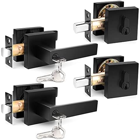 Probrico Square Entry Levers and Single Cylinder Deadbolts Combo Pack, Flat Black Keyed Alike Heavy Duty Keyed Entry Handles Locksets Reversible for Right and Left Side, 2 Pack(All Same Keys) Cover