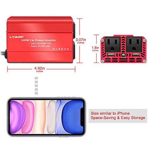 LVYUAN 500W Power Inverter for Vehicles DC 12V to 110V AC Car Plug Adapter Outlet Converter with 2 USB Fast Charging Ports and 2 AC Outlets Car Charger Adapter