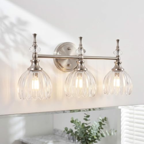 Image of ANDY STAR 3-Light Brushed Nickel Bathroom Vanity Light, Transitional Sconce | Ribbed Glass & Crystal Accent, Damp-Resistant, Ceramic E12 Base, Reversible Up /Down Mounting