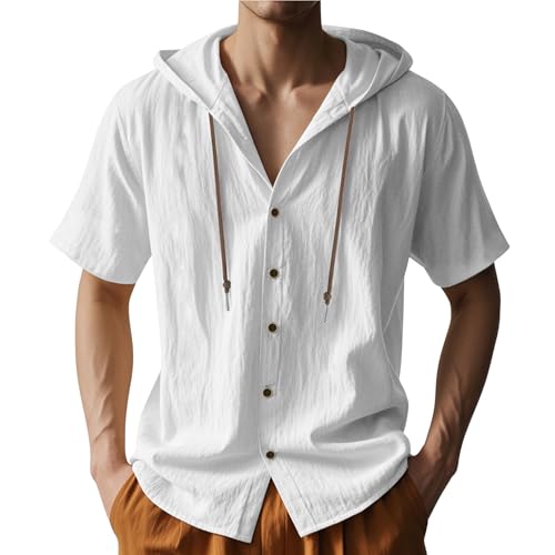 Mens Linen Hooded Shirts Summer Casual Solid Color Hoodie Comfy Loose Fit Button Down Short Sleeve Tops Lightweight