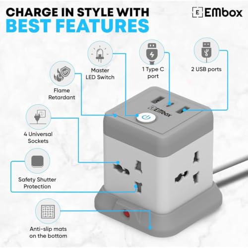 Image of EMBOX Cube Extension Board 10 Meter Cable (QC 3.0)| 2500W Heavy Duty Extension Board with USB Type C Universal Sockets & Master Switch |Compact Extension Cord Safety Shutter & Overload Protector