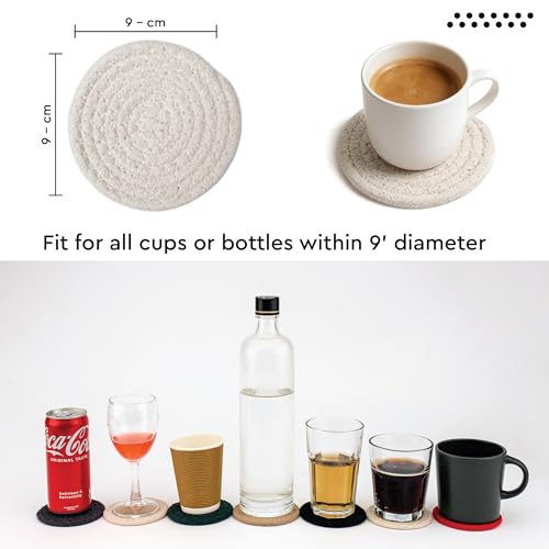 Image of Encasa XO Drink Coasters Set of 6 | Off White with Round (9 cm) | Handcrafted Ribbed Cotton | Absorbent & Heat-Resistant | Use for Tea, Coffee Table & Desk
