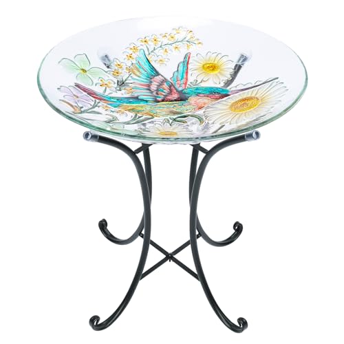 MUMTOP Bird Bath-Bird Baths for Outdoors - Hummingbird Glass Large Bird Bath Bowl with Metal Stand, Bird Feeders for Outside and Garden, Patio,Lawn Decor