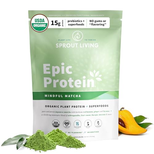 Image of Sprout Living Epic Protein, Plant Based Protein & Superfoods Powder, Mindful Matcha | 17 Grams Organic Protein Powder, Vegan, Non-GMO, Gluten Free, Adaptogens + Nootropics (1 Pound, 12 Servings)