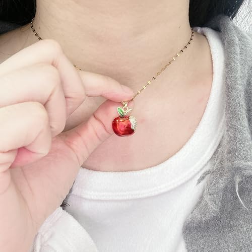 Cute Red Enamel Apple Fruit Pendant Necklace for Women Rhinestone CZ Food Charm Green Leaves Dainty Choker Link Chain Adjustable Lovely Teacher Graduation Fashion Jewelry for Mom Wife Daughter3