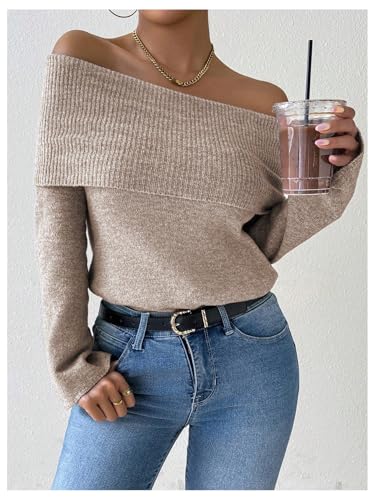 MakeMeChic Women's Off The Shoulder Sweater Bell Sleeve Rib Knitted Pullover Tops4