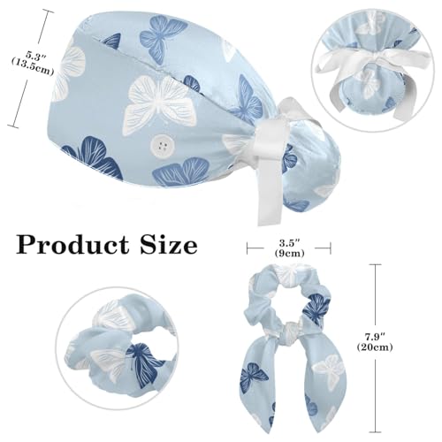 Image of Butterfly Scrub Cap Women with Ponytail & Buttons Adjustable Surgical Nurse Hat with Cotton Sweatband for Long Hair