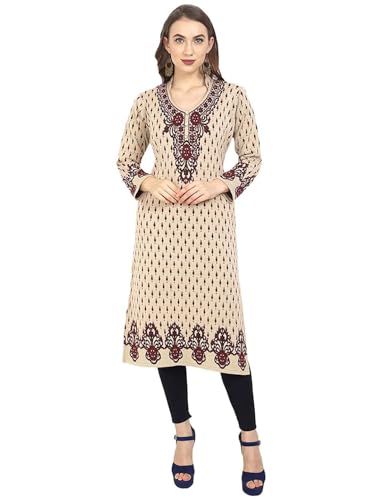 Image of Rosary Women's Winter Wear Jacquard Woolen Straight Kurti with 2 Side Pockets