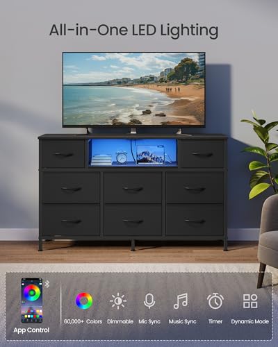 SONGMICS BELLAH Collection - Dresser for Bedroom with Outlets and LED Lights, TV Stand for TVs Up to 55 Inches, Chest of Drawers, 8 Drawers, Steel, Industrial, Modern, Ink Black ULGS433BH02S - Thumbnail 5