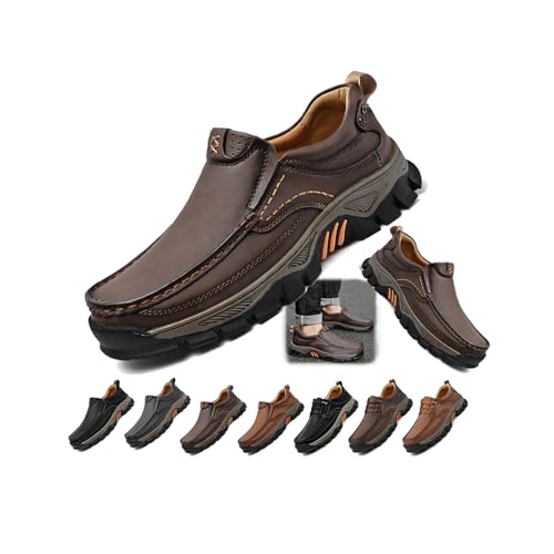 Enjerr Orthopedic Slip-On Balance Shoes Men, Breathable Non-Slip Leather Loafers with Arch Support, Casual Comfortable Walking & Travel Shoes (Dark Brown-a,12)