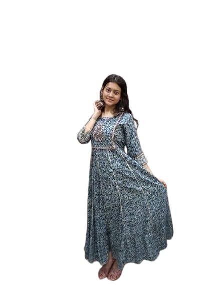 Women's Blue Printed Anarkali Kurta | Ethnic Flared Long Kurti | Traditional Casual-picture-20