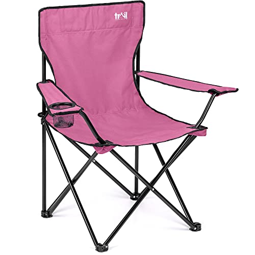 Trail Folding Camping Chair, Lightweight Outdoor Chair with Cup Holder Armrest, Heavy Duty Tubular Steel Frame, Fast-Drying Polyester, Carry Bag, 100kg Capacity (Pink)