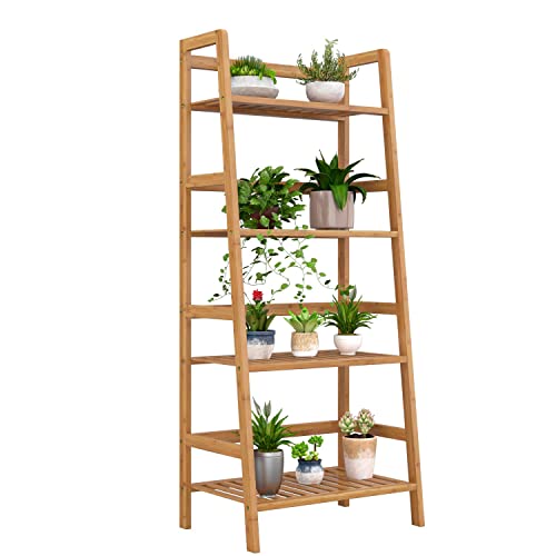 Étagère sur Pied avec 4 étagères Étagère à Fleurs Étagère échelle Étagère de Salle de Bain en Bambou 48x32x116cm (Naturel)