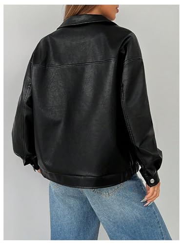 Women's Faux Leather Zip Up Jacket Long Sleeve Drop Shoulder Outerwear Coat2