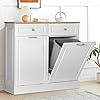 Anbuy Double Kitchen Trash Cabinets Dual Tilt Out Cabinet with Two Wood Hideaway Holder Drawers, Free Standing Recycling Trash Can Holder (Upgrade White)
