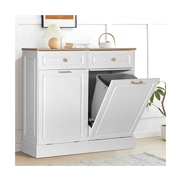 Anbuy Double Kitchen Trash Cabinets Dual Tilt Out Cabinet with Two Wood Hideaway Holder Drawers, Free Standing Recycling Trash Can Holder (Upgrade White)